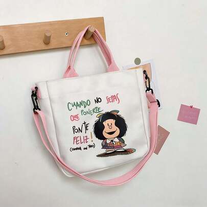 Spanish Phrase Mafalda Print Handbag - Spanish Design Magnetic Closure Shoulder/Handbag, Machine Washable Tote Bag Suitable For School, Work, Travel - Cute Spanish Slogan Bag (C Wine Red/)