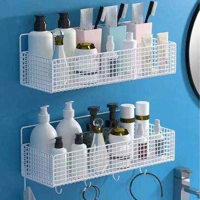 Rostfri badrumshylla i polerad metall, väggmonterad duschhylla utan borr, förvaringsställ för badrum, köksorganisatör, kan väggmonteras i badrum och kök, används för att förvara schampo, balsam, kryddor, toalettartiklar och kosmetika, perforerad dräneringsdesign, rundade kanter skadar inte händerna, perfekt badrumstillbehör, badrumsförvaring och organisation, perfekt heminredning och badrumsförvaringslösning