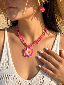 2 piezas Conjunto de collar y aretes de arcilla polimérica con cuentas de flores de estilo playero para mujeres - conjunto de aretes y collar - Ver 1