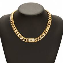2pcs 14K Gold Plated Hip Hop Jewelry Set For Men, 14mm Thick Stainless Steel Curb Link Chain, Punk Clamshell Buckle Necklace & Bracelet - Gold - View 8