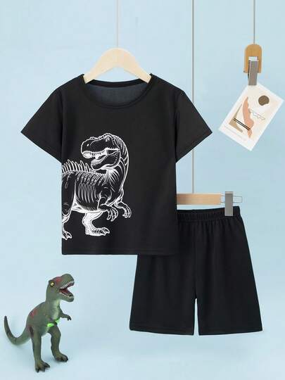 2 st/set pojkar/flickor med dinosaurietryck, kortärmad t-shirt och shorts, lätt och avslappnad outfit, lämplig för vardagsbruk, utomhusbruk, löpning, åldrar 4-12
