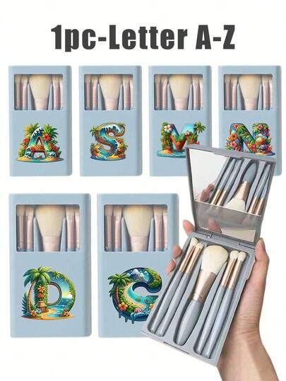 Blue Portable Makeup Brush Set With Touch Up Mirror, Printed With Tropical Element Initials A-Z Pattern; Bohemian Style, Beauty Box, Boxed Makeup Brush Set, Multi-Functional Makeup Brush, Basic Makeup Brush, Eye Shadow Brush, Primary Beauty Tools, Mixed Brush Makeup Storage Box. Durable Material, Not Easily Damaged; It Is An Ideal Gift For Girls' Makeup Tool Sets, A Gift For Family, Friends, And Loved Ones, And A Bridesmaid Gift. A Must-Have For Beauty Enthusiasts.