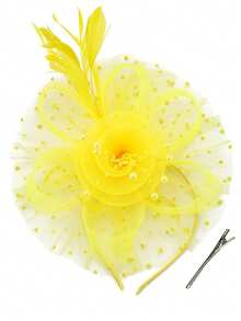 1pc Women's Tea Party Derby Hat With Mesh Veil And Ribbon,Summer,Beach - Yellow - View 5
