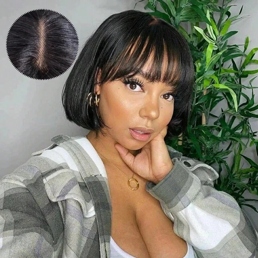 Layered Cut Straight 4X4 BOB Wig With Wispy Bangs Glueless Invisible Lace BOB Wigs Human Hair With Fringe Bangs, Pre Cut Lace Wear Go Glueless Wig Human Hair 200% Density Natural Black Wig With Bangs For Women - Natural Black - View 1