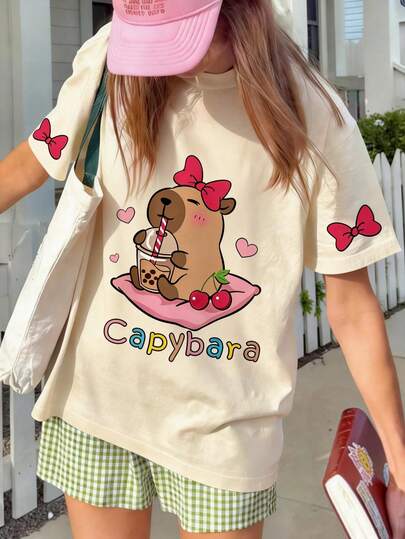 1pc Cute Capybara Drinking Bubble Tea Print Casual Loose Short Sleeve Round Neck T-Shirt For Teenage Girls, Perfect Summer Gift For School And Outdoor Wear, Suitable For Spring And Summer
