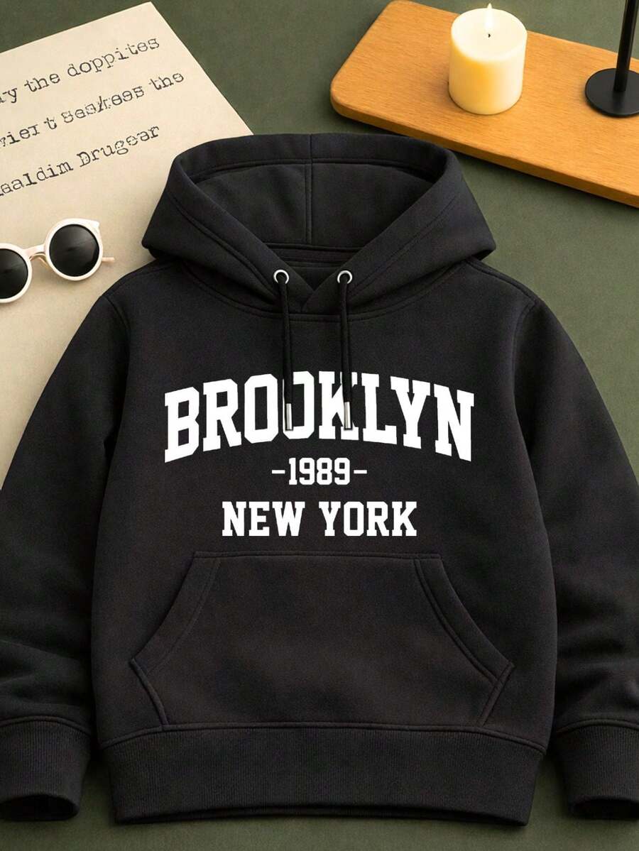 Brooklyn Printed Children's Kangaroo Sweatshirt With Hood Cotton Comfortable Child Various Colors And Sizes - 黑色 - 查看 1