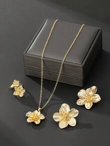 一套女士项链（含金色花朵吊坠）、耳环一副、戒指一枚，百搭女士首饰套装（不含礼盒） - 金黃色 - 查看 1