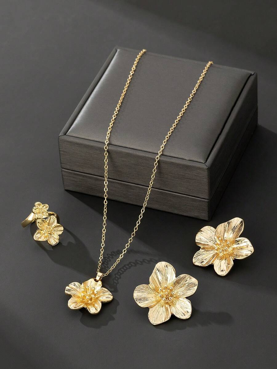 一套女士项链（含金色花朵吊坠）、耳环一副、戒指一枚，百搭女士首饰套装（不含礼盒） - 金黃色 - 查看 1