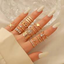 Juego de 15 piezas de anillos de moda europea y americana, anillos de aleación con rhinestones apilables, diseño asimétrico de hojas para mujeres - Juego de anillos - Ver 1