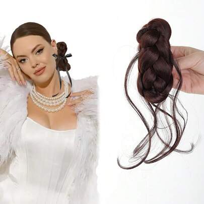 1 búi tóc giả hình râu rồng, tích hợp dây buộc tóc, búi tóc giả tự nhiên bồng bềnh, kiểu tóc búi cao cài kẹp.