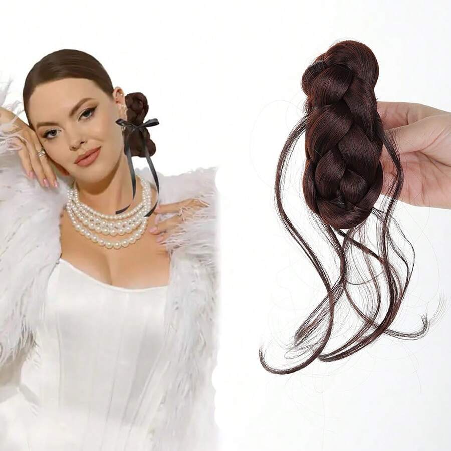1 búi tóc giả hình râu rồng, tích hợp dây buộc tóc, búi tóc giả tự nhiên bồng bềnh, kiểu tóc búi cao cài kẹp.