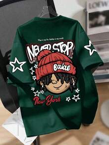 American Hip-Hop Cartoon Style Men's Printed Round Neck Short Sleeve T-Shirt, Summer - Dark Green - View 4