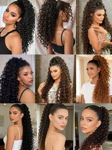 24英寸棕黑色深水波纹卷发马尾假发，柔软自然，适合女性佩戴 - 彩色 - 查看 9