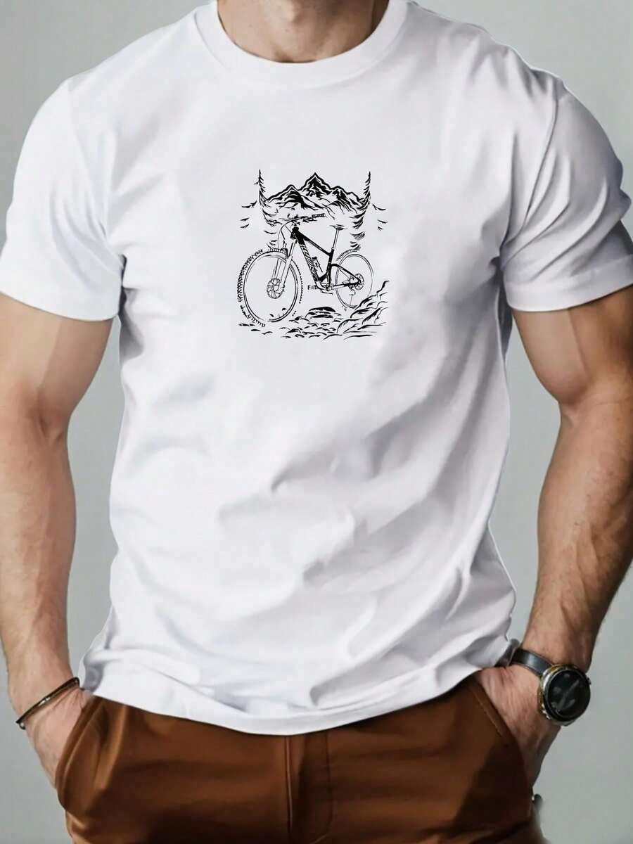 Camiseta Gráfica Azul Marino para Hombre con Diseño de Bicicleta de Montaña - Casual, 100% Algodón, Cuello Redondo, Manga Corta, Tejido Suave, Ideal para el Verano - Blanco - Ver 1