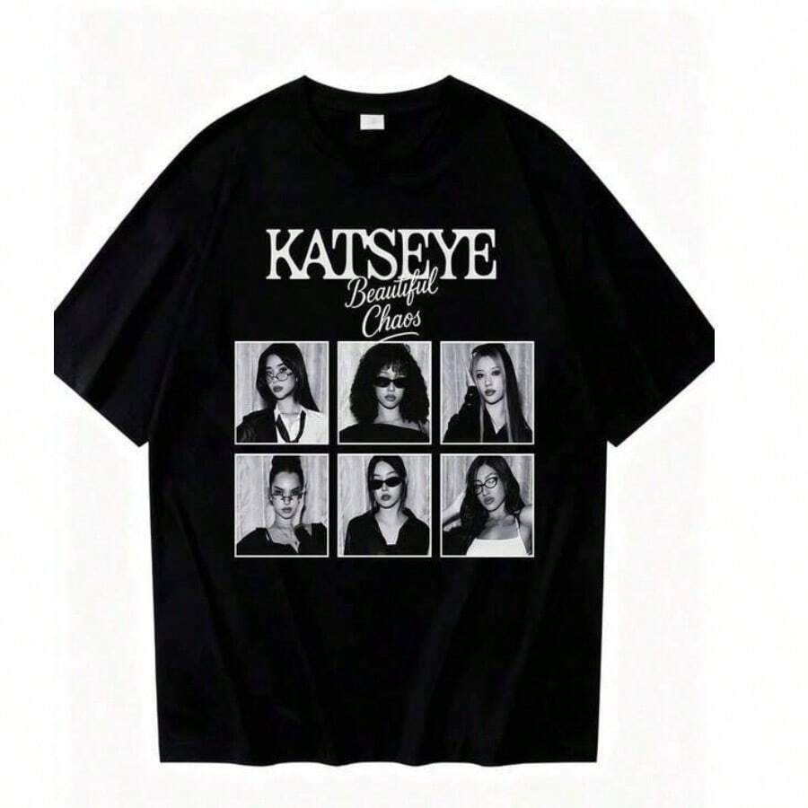 Girls Clothes Retro Katseye Vintage Shirt, Katseye Member Shirt, Katseye Beautiful Chaos World Tour, Katseye Daniela, Lara, Manon, Megan, Sophia, Yoonchae Fun, Breathable Crew Neck Tee With Shamrock And Hat Design, Casual Summer Wear For Kids Suitable For All Seasons And Daily Wear, Summer Outfits, Easy Comfort, Summer Layering For Girls, Graphic Kids Clothing, Stylish Summer - Đen 3 - Xem 1