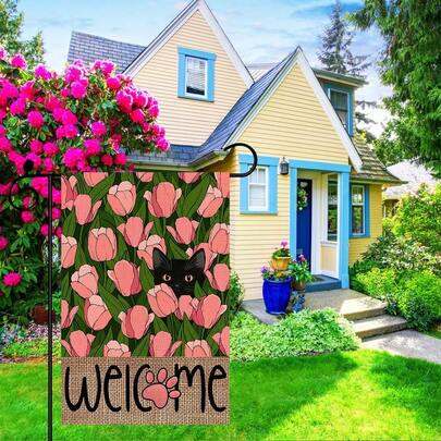 علم حديقة زهور الربيع، علم فناء ثنائي الوجه للخارج، علم موسمي ترحيبي بالقطة السوداء