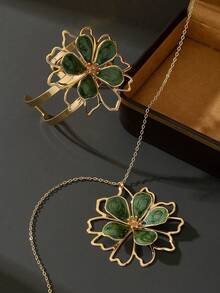 1pc Urban Chic Summer Delicate Double-Layer Green Enamel Flower Pendant Necklace, 1pc Floral Bracelet Women's Jewelry Set, Vacation Jewelry (No Gift Box) - Green - View 5