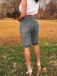 Women's Pocket Washed Stretchy Skinny Cycling Jeans - Màu Xám nhạt - Xem 10