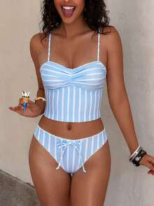 PEPPERMOLLY Light Blue & White Striped Cute Spaghetti Strap Bikini Set - Adorable Lace Trim & Bow Decorated Panty, Slim Fit Swimwear For Beach Vacation Summer - Blue and White - View 2