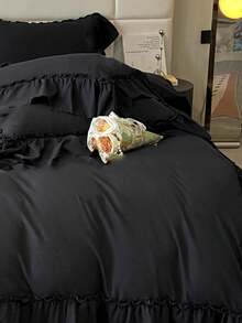 3pcs Solid Color Ruffled Soft & Comfortable Duvet Cover Set (1*Duvet Cover + 2*Pillowcases), Suitable For Bedroom And Guest Room - Black - View 4