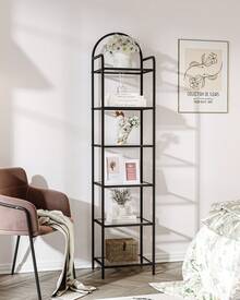 HEXCELEN Bookcase Bookshelf, Tempered Glass Bookshelves, Slim Shelving Unit For Bedroom, Bathroom, Home Office, Steel Frame, Home Decor, 5 Tier, 6 Tier Gold - màu đen - Xem 2