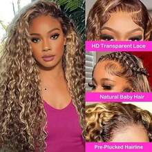 Hidden Strap 360 Lace Front Wigs Human Hair 250% Density Glueless Highlight Curly Human Hair Wig Pre Plucked 13x6 Honey Blonde Lace Front Wig Full Lace Frontal Wig With Invisible Drawstring Wet And Wavy Colored Human Hair Wig - S4/27 - 查看 6