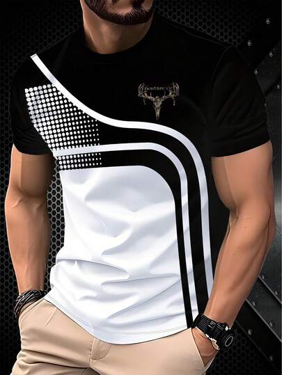 Camiseta de manga corta con cuello redondo, estampado de ciervos a rayas y bloques de color para hombres, casual y de moda, 100% poliéster, tela ligera, tacto suave, cómoda y transpirable, ligeramente elástica