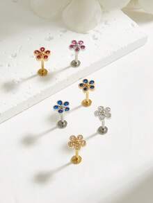 1pc Fashionable Minimalist Flower Crystal Stainless Steel Earrings, Suitable For Women's Daily Wear - Flower - View 1