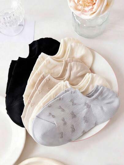 5 Pairs Women's Sweet Bow Minimalist Boat Socks/Invisible Socks, Random Colors, Christmas Gift, Suitable For All Seasons, Autumn/Winter