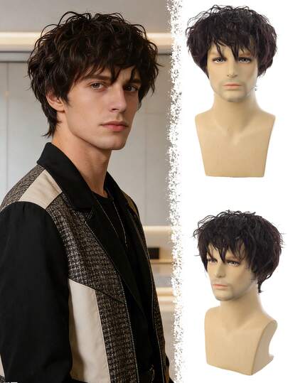 Men's Fashion Natural Fluffy Synthetic Fiber Short Curly Wig With Side Bang, Suitable For Daily Use, Costume Party,Festivals, Weddings, Halloween, Christmas