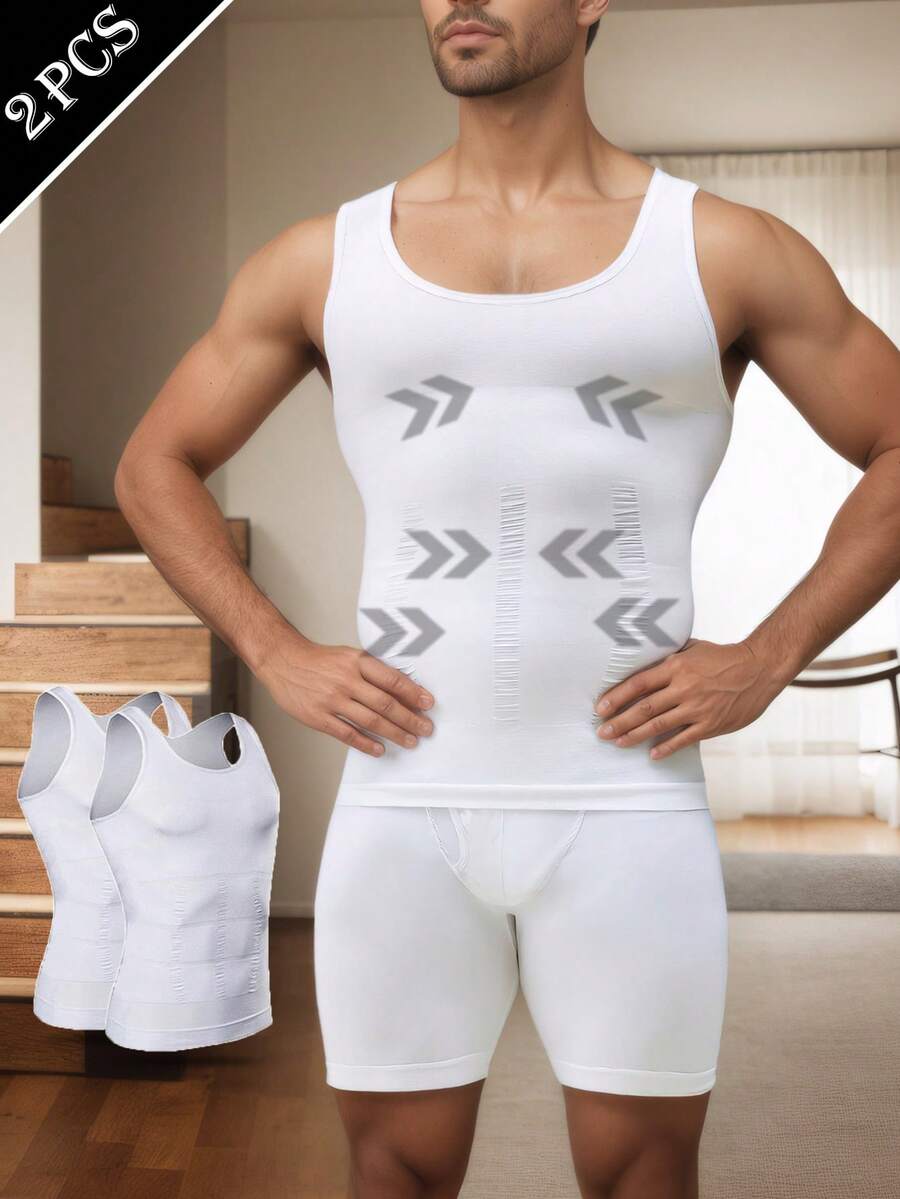 2pcs Rompi Kompresi Pria Bernapas - Campuran Spandex & Nylon Slim Fit - Desain Pembentuk Pinggang Olahraga & Penopang Punggung Putih Musim Gugur - Putih - View 1