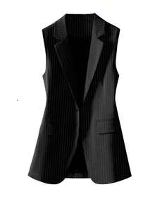 Chaleco de blazer regular de mujer con parche a rayas, unicolor con bolsillo y botón, para uso de oficina en primavera, color negro - Negro - Ver 3