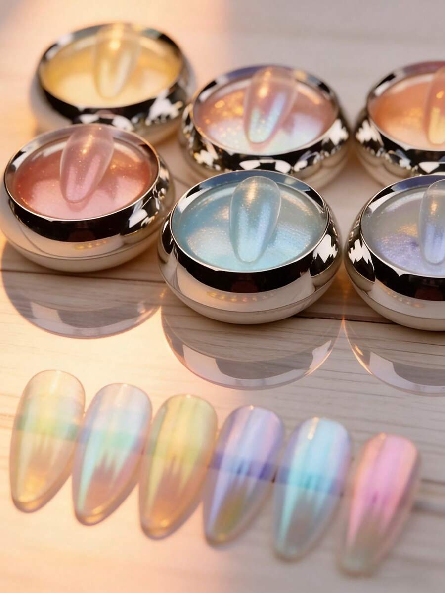 6 Colors Nail Powder Set, French Manicure, Nail Tips, Odorless Faux Pearl Micro-Gloss Mirror Effect Pigment, Suitable For DIY Nail Art And Nail Design, Simple Nail Art Techniques - 彩色 - 查看 1