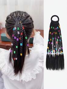 Botones de colores atados en una trenza para una fiesta o festival. La niña tiene el cabello atado con una cinta. Es lindo y elegante. Es una peluca infantil con una cola de caballo alta. - Multicolor - Ver 1