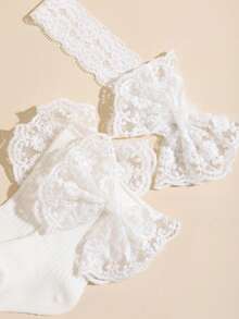1 Pair Lace Bow Socks + 1 Lace Bow Headband - White - View 2