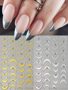 2pcs 5D Embossed Rhinestone French Manicure Stickers, Silver & Gold Diamond French Line Self-Adhesive Nail Art Decorations, Y2K Style - Multicolor - View 4