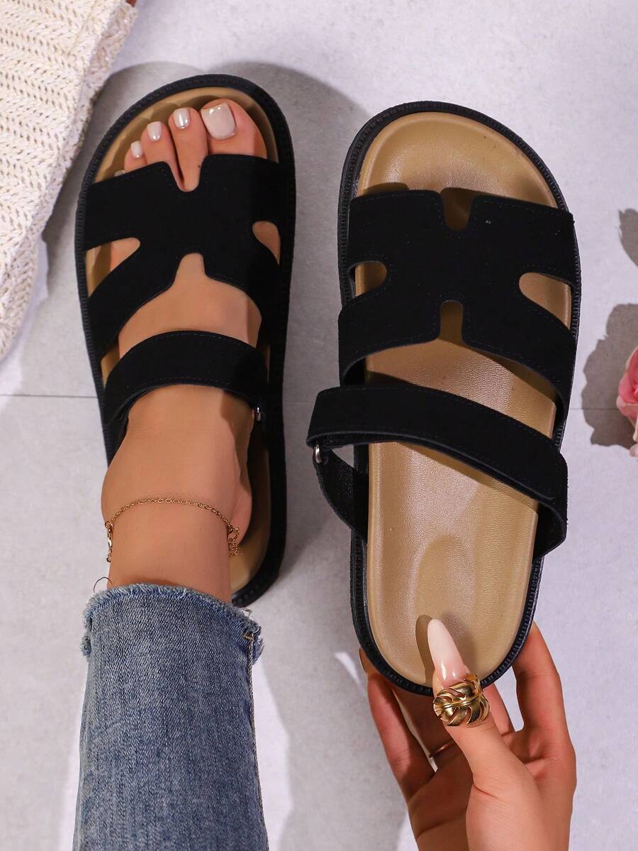 Sandalias planas cómodas con suela gruesa y punta abierta para mujer, zapatos básicos de uso diario, casual y para vacaciones en la playa - Negro - Ver 1