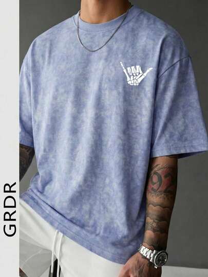  Camiseta de Manga Curta Masculina GRDR com Estampa de Caveira Lavada, Confortável e Respirável para Uso no Verão