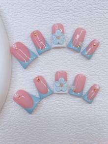 Bộ 10 móng giả Y2K Nails Chic Duckbill - Làm thủ công, móng màu hồng, móng màu xanh dương, móng kiểu Pháp màu xanh dương và trắng, hoa 3D thủ công, nghệ thuật vẽ móng hoa xanh 3D, hoa nhỏ màu trắng và điểm nhấn đá vàng, móng giả thủ công tinh tế và duyên dáng. - Nhiều màu - Xem 13
