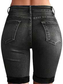 Women's Pocket Washed Stretchy Skinny Cycling Jeans - 深灰色 - 查看 4