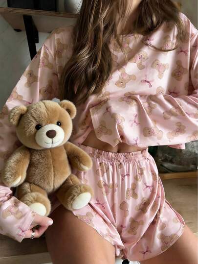 Nina Bonheur 2pcs Women Comfortable Round Neck Printed Long Sleeve Pajama Set With Elastic Waist Shorts