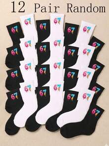 12/6 双装儿童弹力中筒袜，印有数字 67，舒适柔软透气无缝设计，适合 1-14 岁男孩女孩日常穿着和运动，休闲百搭，适合幼儿至大龄儿童。 - 彩色 - 查看 2
