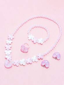 5件套女孩可爱蝴蝶花朵串珠项链、手链、耳环、戒指首饰套装，适合日常佩戴、节日派对、生日礼物 - 均碼 - 查看 3