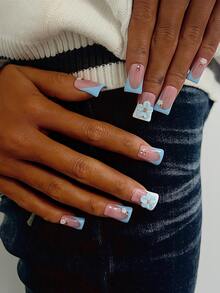 Bộ 10 móng giả Y2K Nails Chic Duckbill - Làm thủ công, móng màu hồng, móng màu xanh dương, móng kiểu Pháp màu xanh dương và trắng, hoa 3D thủ công, nghệ thuật vẽ móng hoa xanh 3D, hoa nhỏ màu trắng và điểm nhấn đá vàng, móng giả thủ công tinh tế và duyên dáng. - Nhiều màu - Xem 3