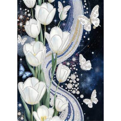 1pc 5D DIY Pearl Diamond Painting Kit, Size 30x40cm, Featuring Butterfly & White Tulip Pattern, Creative Decorative Artwork, Handmade Pearl Mosaic Painting, Suitable For Home Decor, DIY Hobbyists, And Gift For Friends, Frameless
