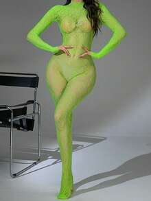 Women's Neon Green Leopard Print Elastic Fishnet Long Sleeve Sexy Bodysuit Tights - Green - View 1