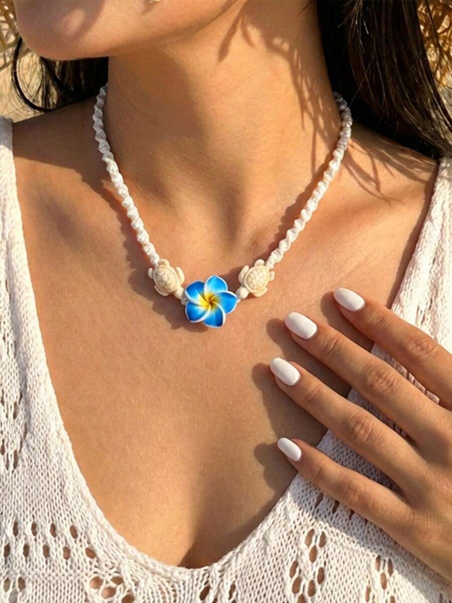 Vacation-Style Egg Flower Sea Turtle Pendant Necklace For Women - Flower Pendant Necklace - View 1