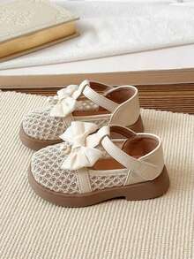 1 Pair Girls' Shoes, Children's Bowknot Hollow-Out Princess Shoes, Versatile Little White Shoes, Toddler Hook And Loop Performance Shoes - Beige - View 6