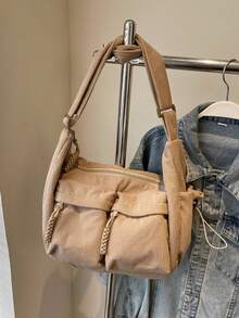 2026 Neuankömmling Damen Japanischer Harajuku INS vielseitiger Schultertasche mit großer Kapazität, minimalistisch, literarisch, Cord - Khaki - Übersicht 6