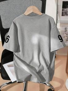 男童时尚可爱小熊图案和数字“96”印花圆领短袖套头T恤 夏季新款男童服装 儿童图案T恤 - 灰色 - 查看 3